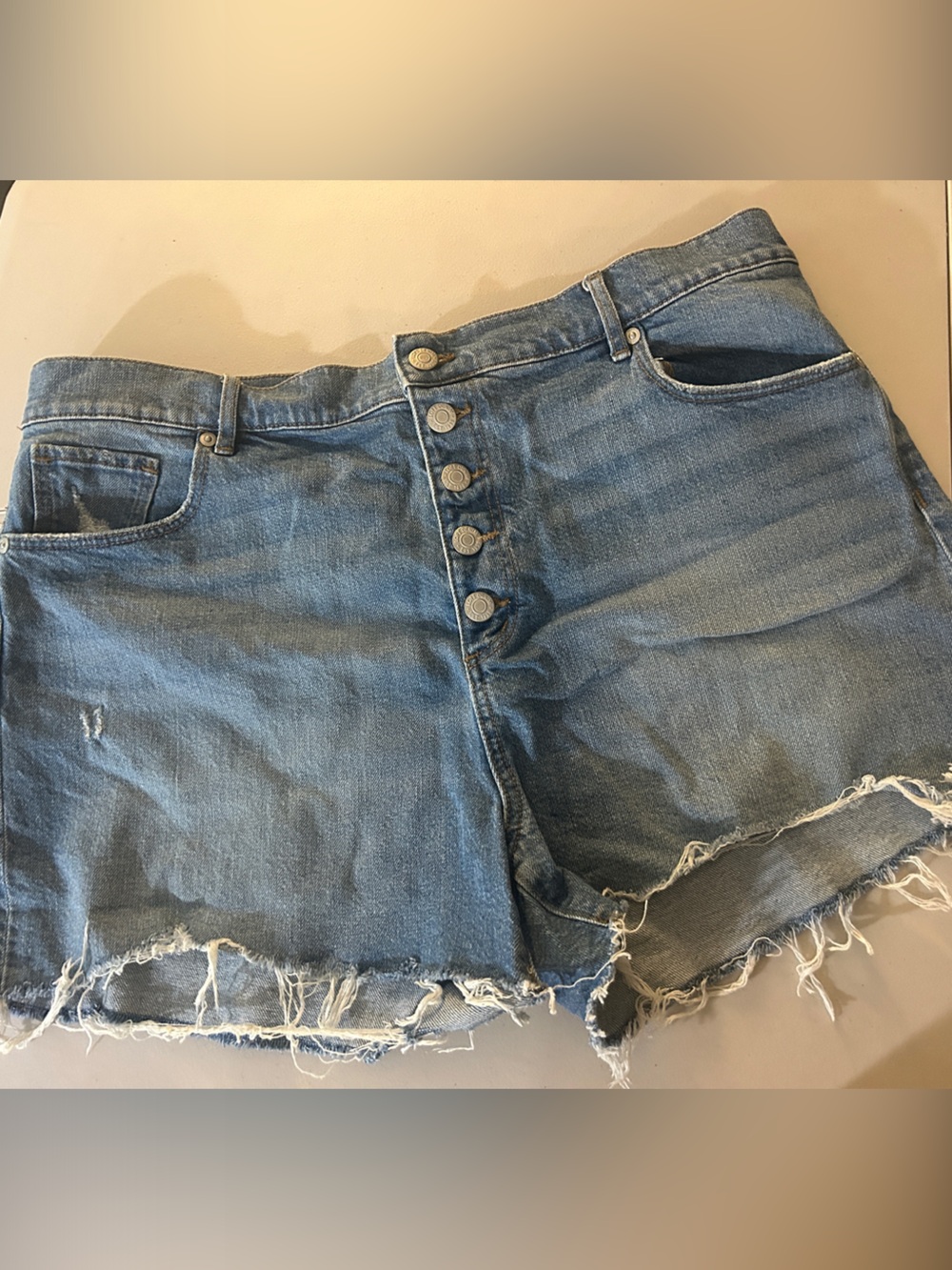 LOFT Light Blue Distressed Button-Front Jean Shorts